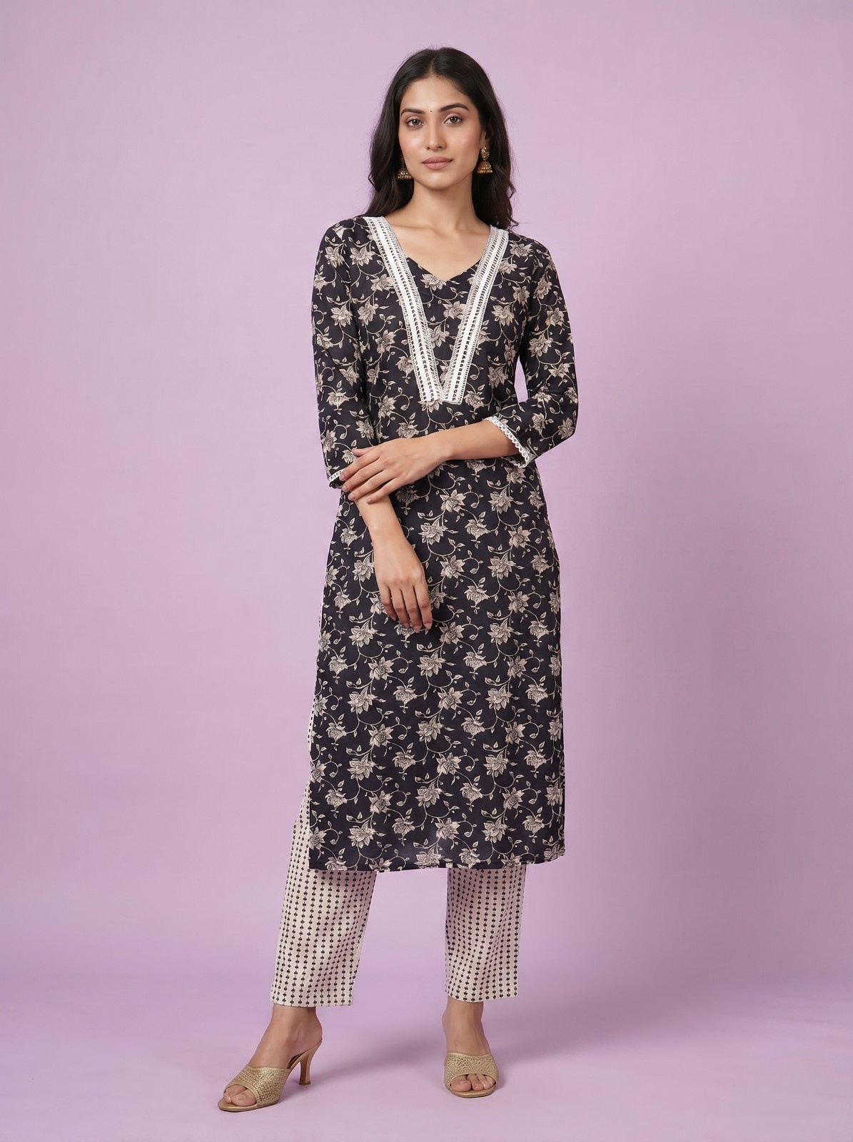 Women's Premium Cotton Kurti with Floral Design - A2 PCS Set