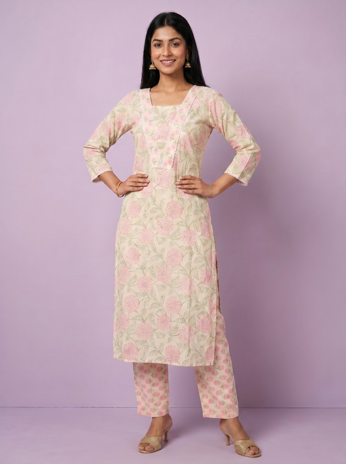 Women's Premium Cotton Kurti with Floral Design - A2 PCS Set
