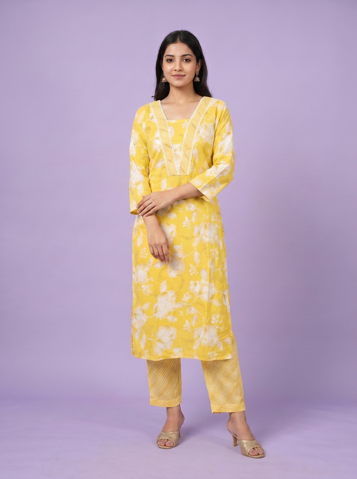 Women's Premium Cotton Kurti with Floral Design - A2 PCS Set