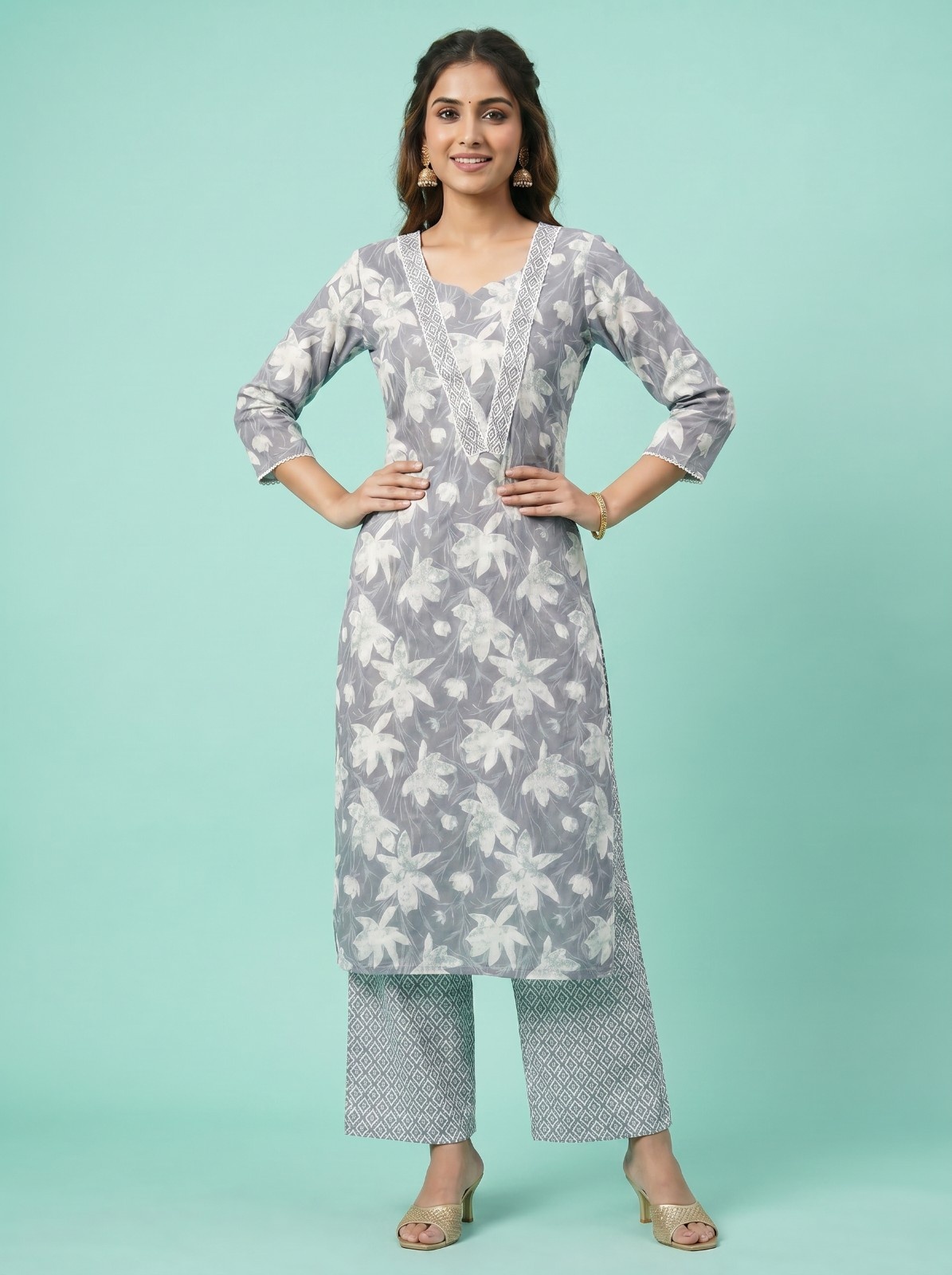 Women's Premium Cotton Kurti with Floral Design - A2 PCS Set