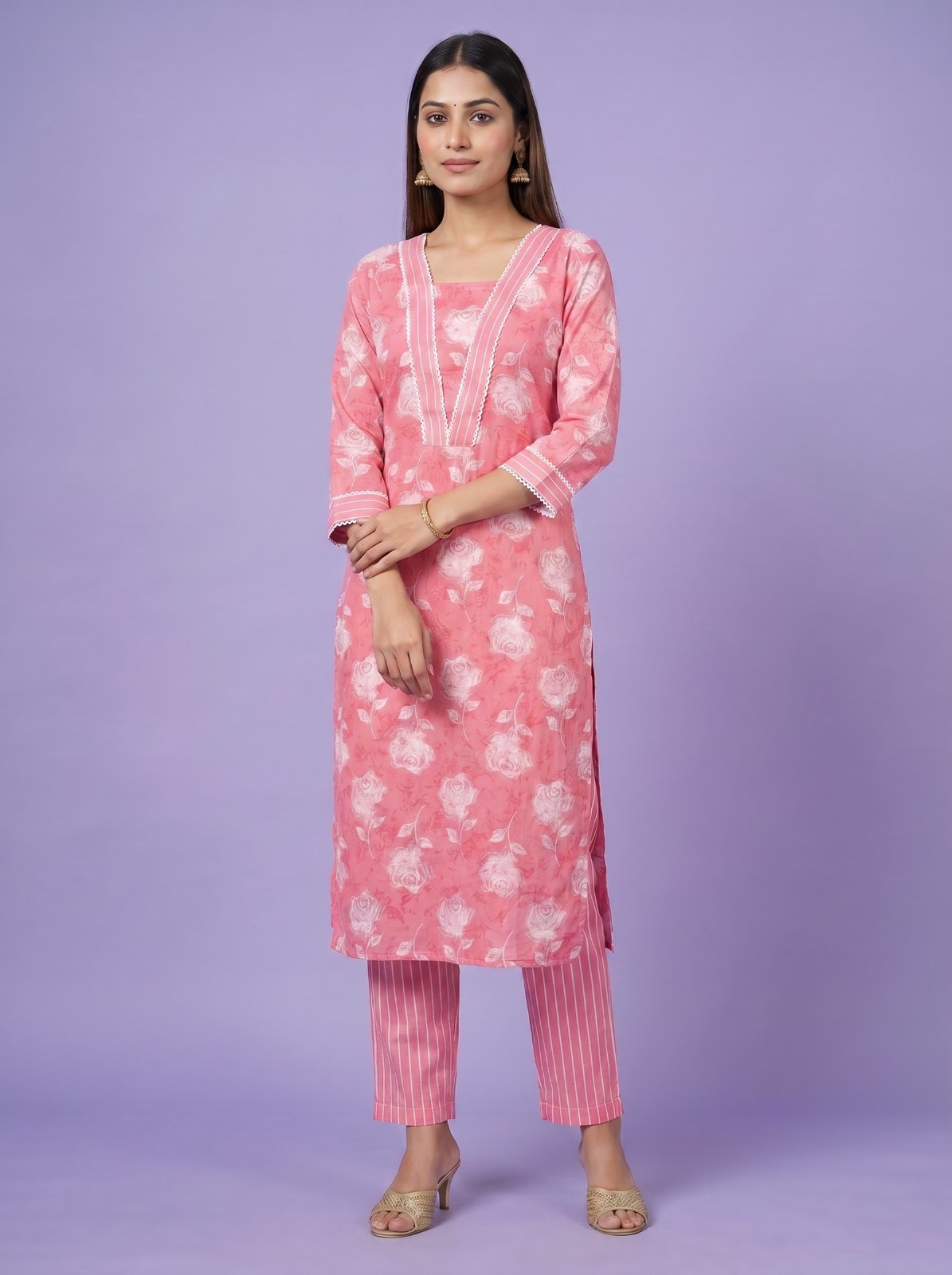 Women's Premium Cotton Kurti with Floral Design - A2 PCS Set