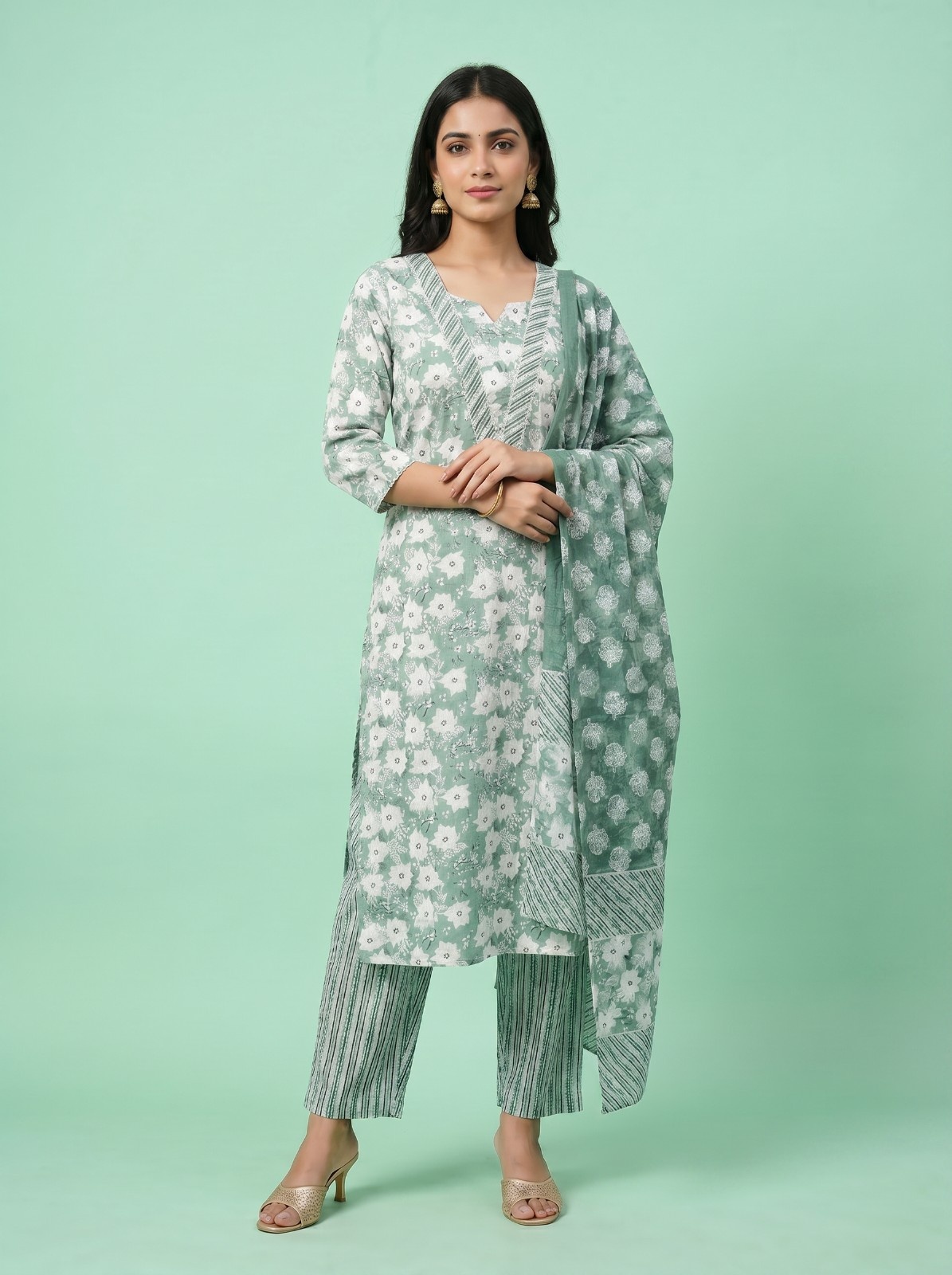 Women's Premium Cotton Kurti with Floral Design - 3 PCS Set