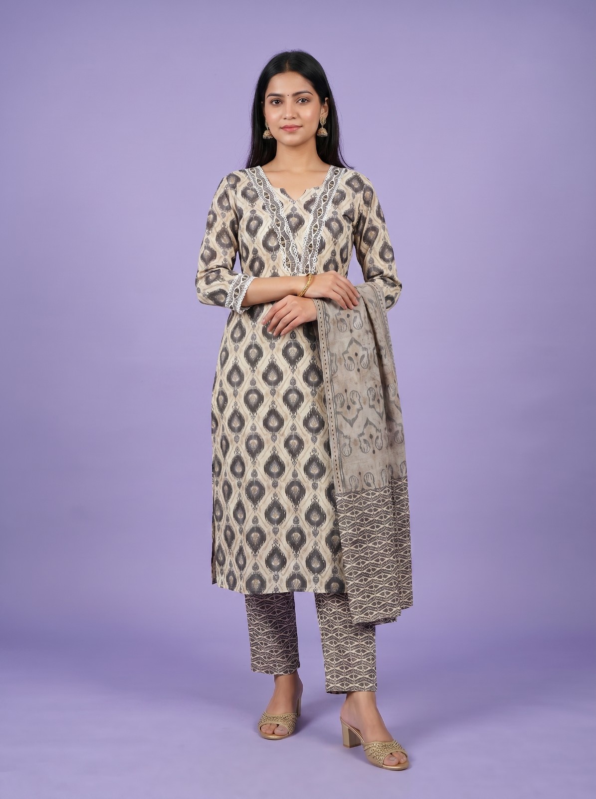 Women's Premium Cotton Kurti with Floral Design - 3 PCS Set