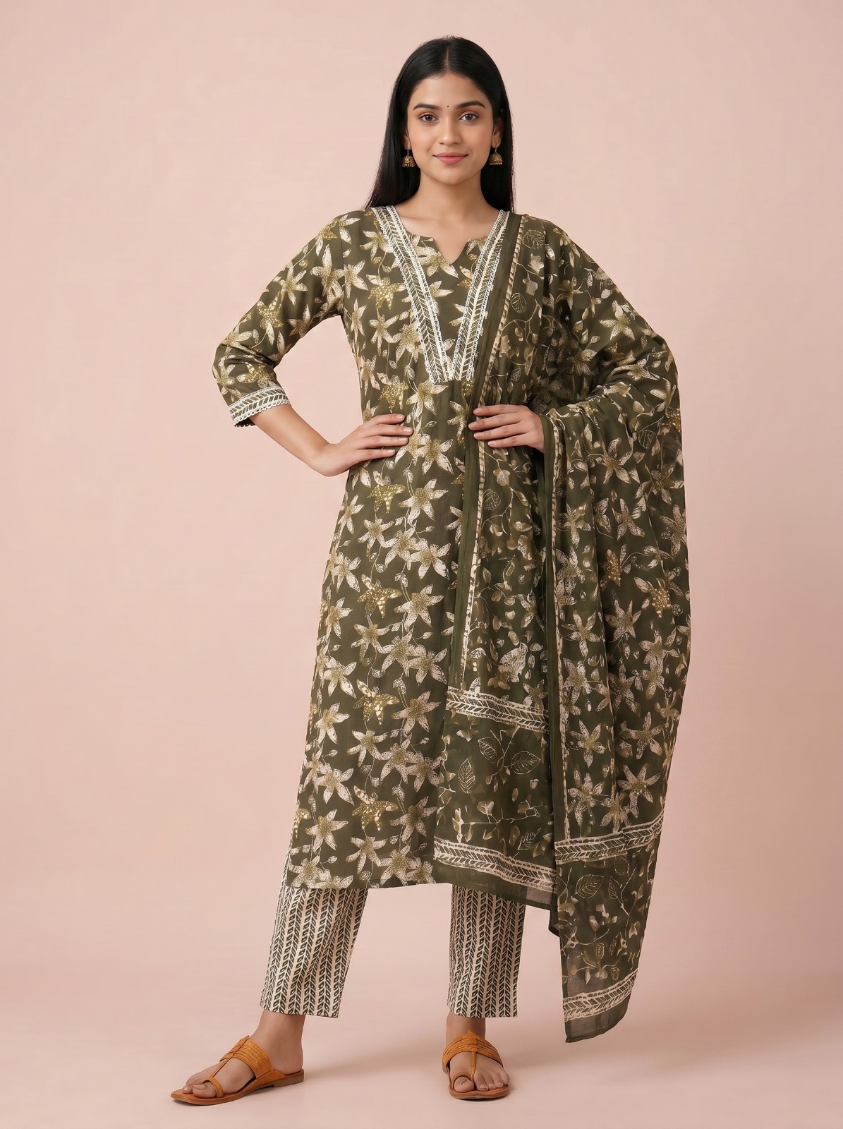 Women's Premium Cotton Kurti with Floral Design - 3 PCS Set