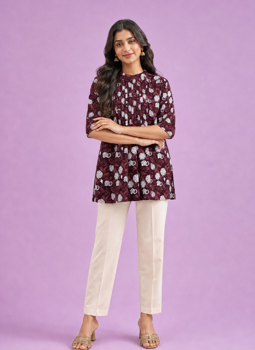 Women's 100% Premium Cotton Short Kurti with Regular Fit with Floral Printed Design | Waist Length Kurti