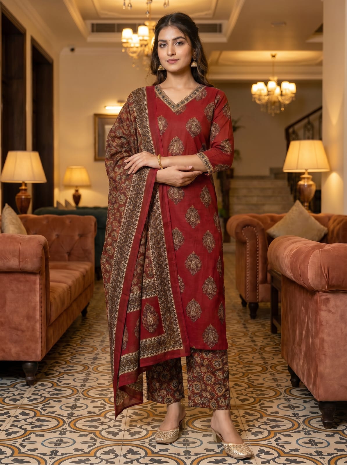 Premium Jaipuri Cotton 60×60 Straight Kurti Palazzo & Dupatta Set for Women