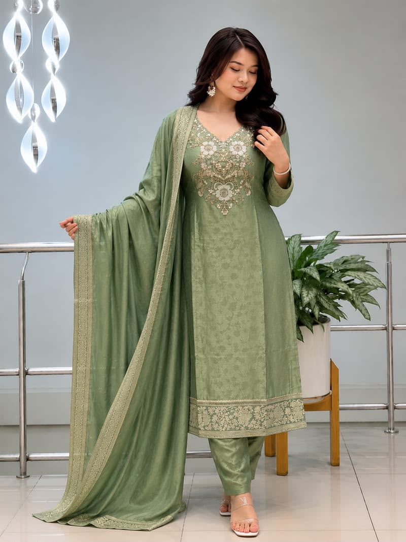 Goumati Pure Malay Glass Tissue Kanjivaram Handwork Kurta Pant Dupatta Set for Women