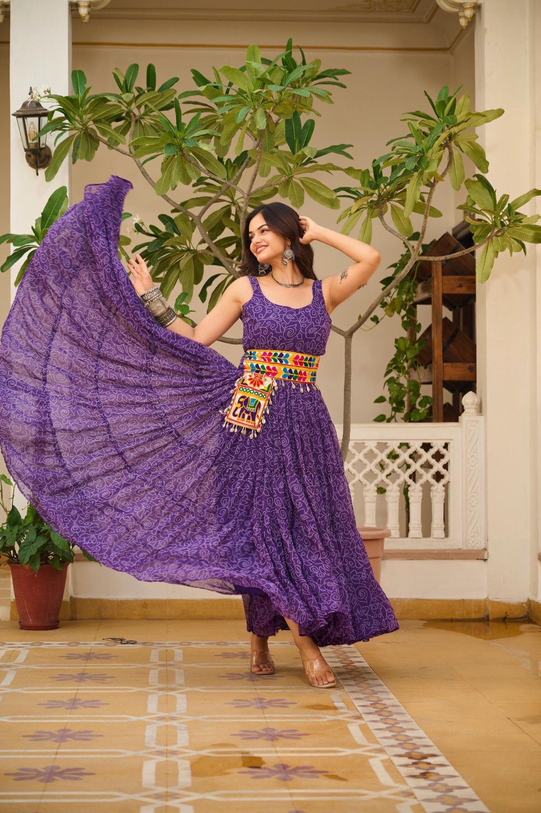 Navratri Special Gamathi Work Bandhani Gown with Pocket Purse