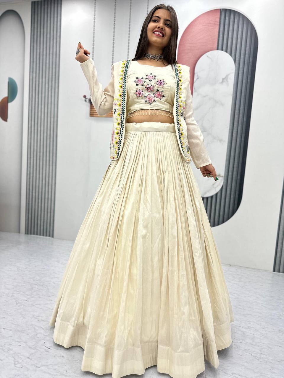 Festival Special Pure Tissue Shimmer Crop Top Lehenga with Jacket Set